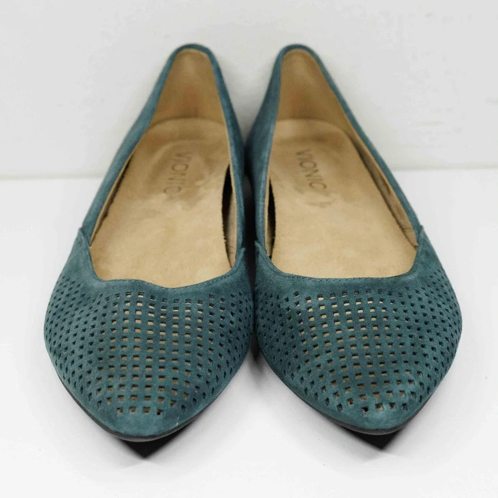 VIONIC Posey Perforated Suede Pointed Toe Ballet Flats Jade Green Sz 7‎